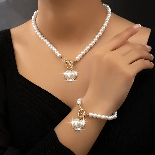 Calira - Beaded Heart Pendant Bracelet and Necklace Set Diamond White