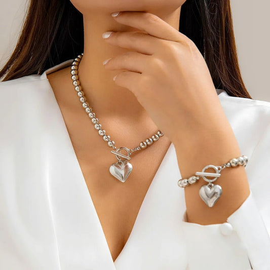 Calira - Beaded Heart Pendant Bracelet and Necklace Set Silver