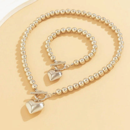 Calira - Beaded Heart Pendant Bracelet and Necklace Set Silver