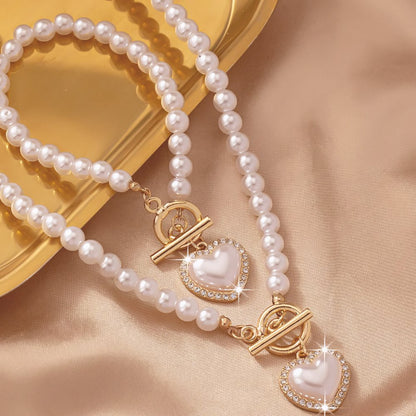 Calira - Beaded Heart Pendant Bracelet and Necklace Set Diamond White