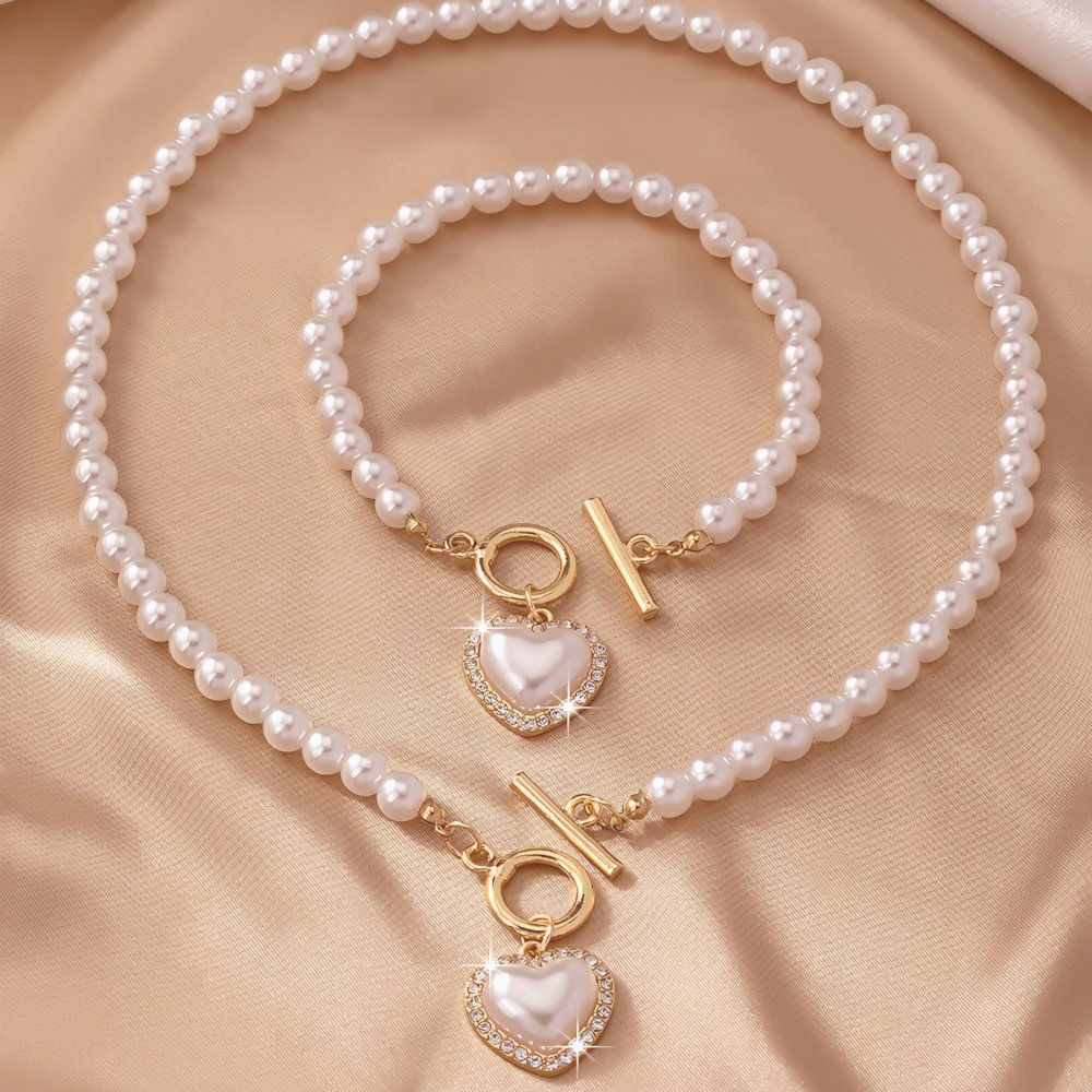 Calira - Beaded Heart Pendant Bracelet and Necklace Set Diamond White