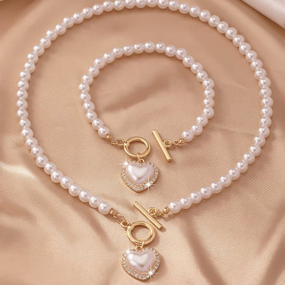 Calira - Beaded Heart Pendant Bracelet and Necklace Set Diamond White