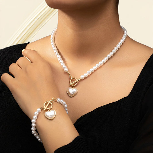 Calira - Beaded Heart Pendant Bracelet and Necklace Set White