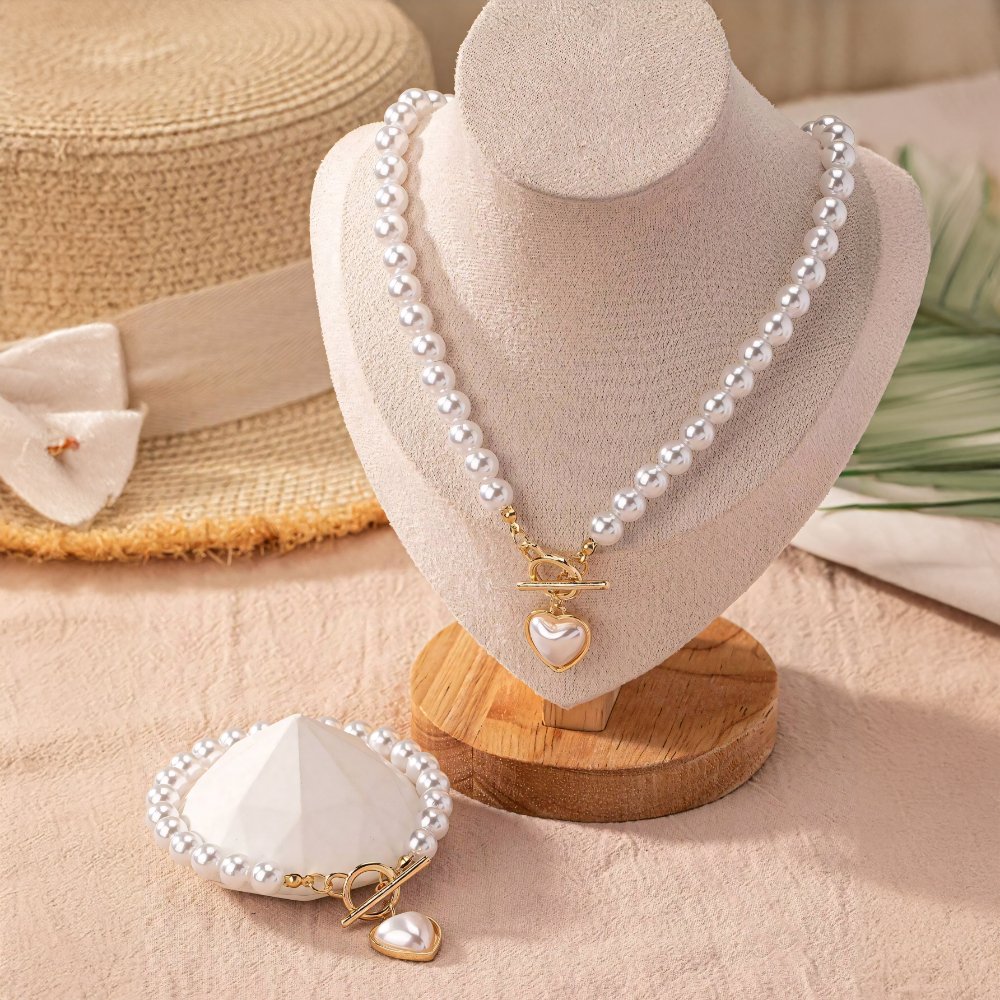 Calira - Beaded Heart Pendant Bracelet and Necklace Set White