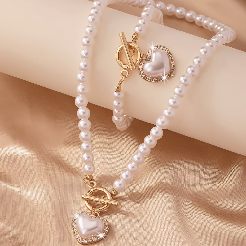 Calira - Beaded Heart Pendant Bracelet and Necklace Set Diamond White