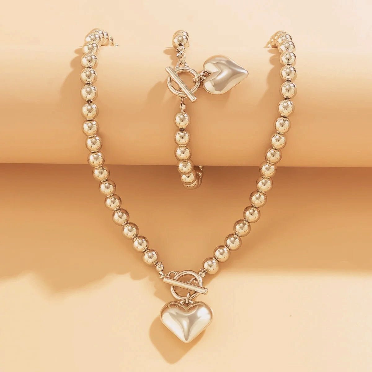 Calira - Beaded Heart Pendant Bracelet and Necklace Set Silver