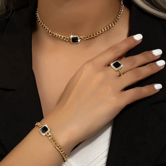 Eloria - Cuban Square Diamond Necklace, Bracelet and Ring Set