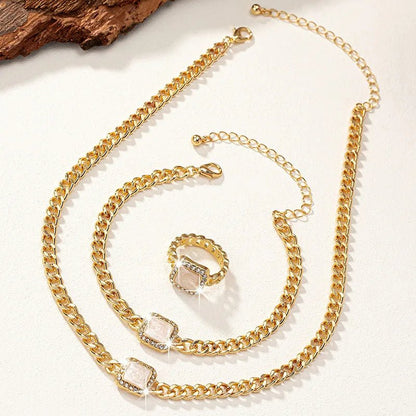 Eloria - Cuban Square Diamond Necklace, Bracelet and Ring Set
