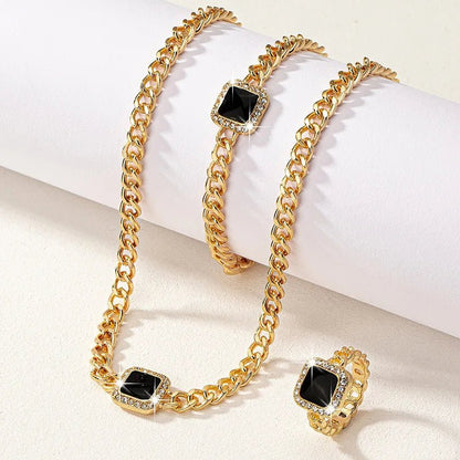 Eloria - Cuban Square Diamond Necklace, Bracelet and Ring Set