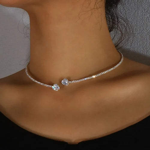Celestia - Diamond Heart Open Choker Necklace Silver