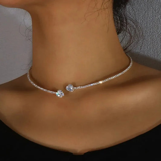 Celestia - Diamond Heart Open Choker Necklace Silver