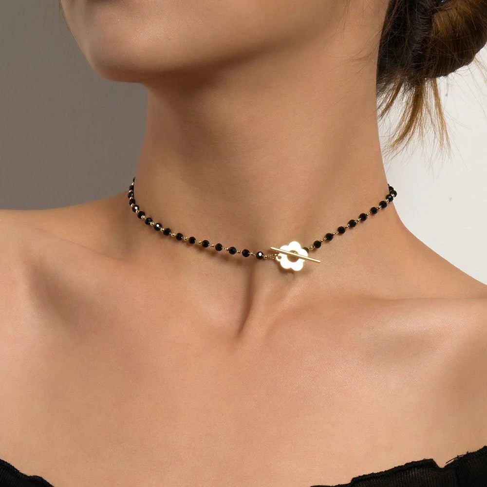 Elora - Flower Clasp Choker Necklace Black