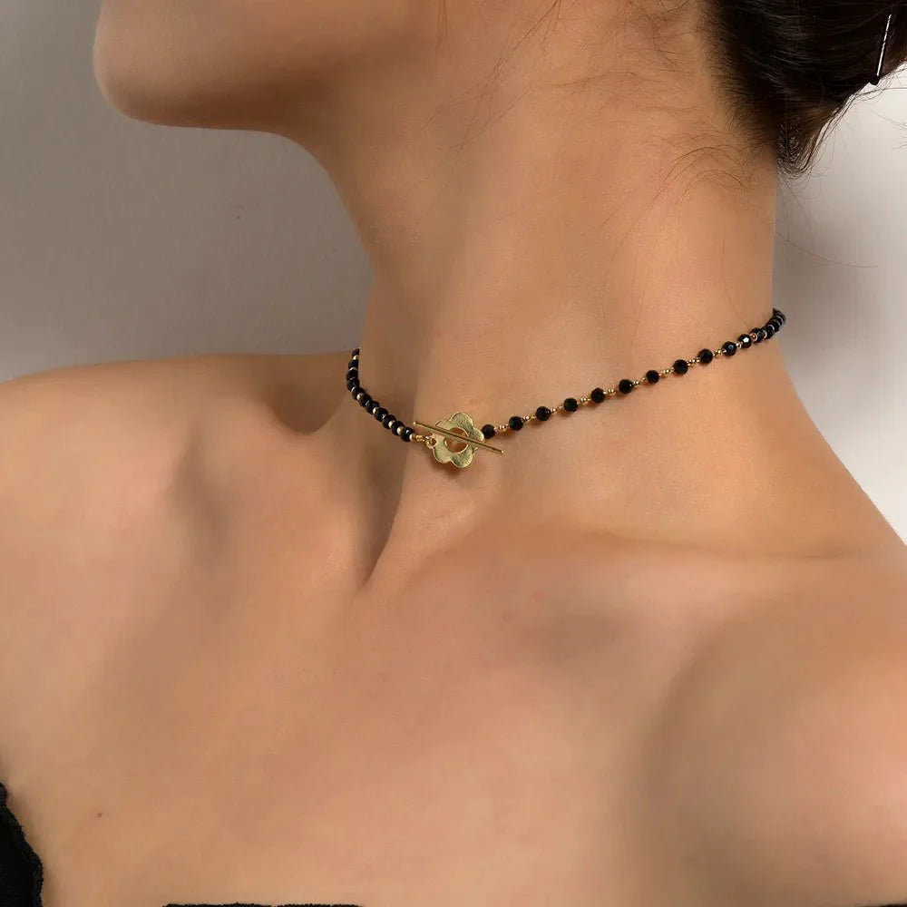 Elora - Flower Clasp Choker Necklace Black