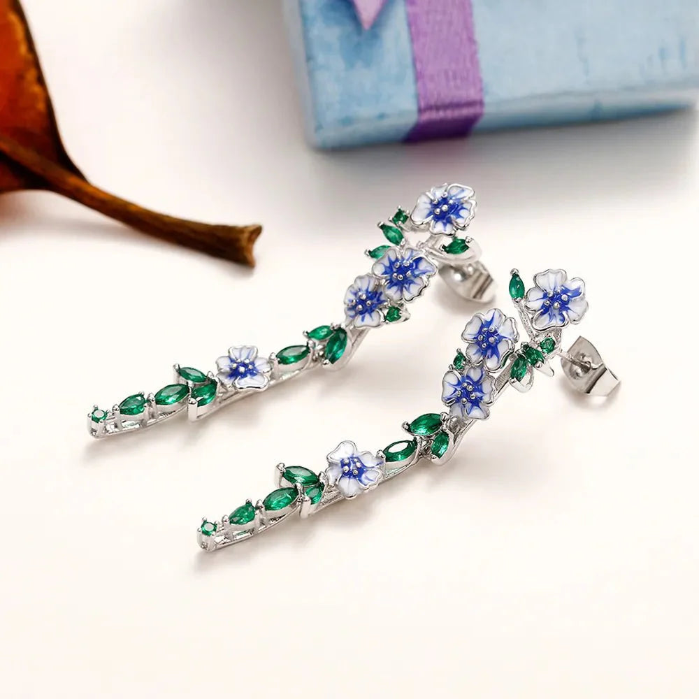 Diana - Blue Floral Dangling Earrings