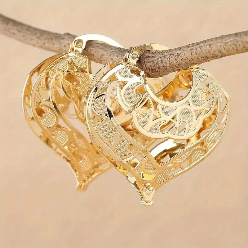 Aria - Golden Intricate Open Heart Earrings